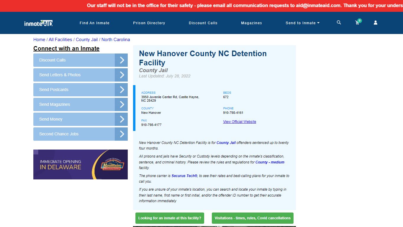 New Hanover County NC Detention Facility - Inmate Locator - Castle ...