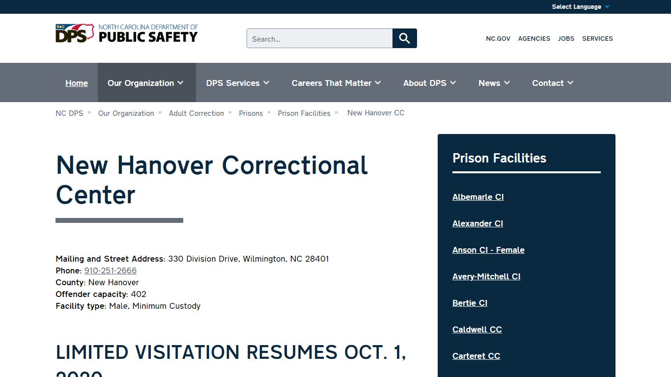 New Hanover Correctional Center | NC DPS